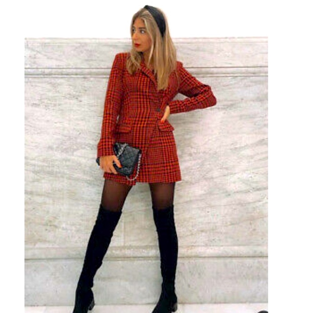 Zara NWT Red&Black Houndstooth Double breasted Blazer Romper Jumpsuit Medium
